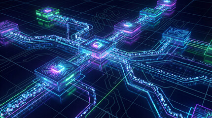Synthetic quantum-style digital network background with programmable logic nodes, futuristic data particles moving algorithmically, and neon grid overlay