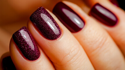 Close-up of a person's hand with glittery purple nail polish