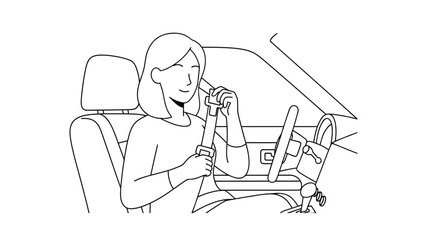 Woman driving a car while talking on her phone line art illustration