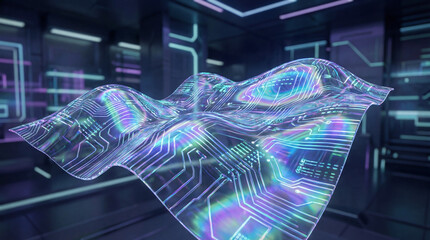 Ripple-like waves background created from programmable digital surfaces, each ripple shaped by encoded logic with soft shimmering gradients