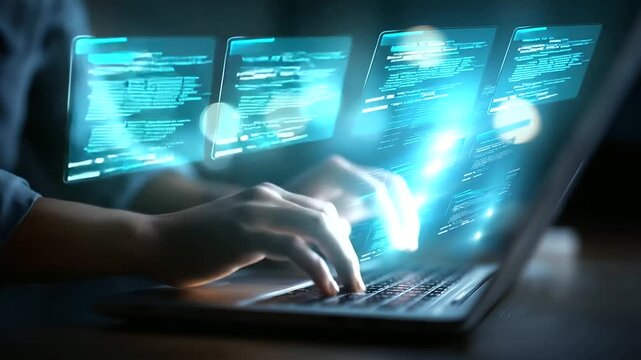 Faceless hands typing on laptop with AI agents working on data automation defocused command prompts on screen background artificial intelligence interface machine learning