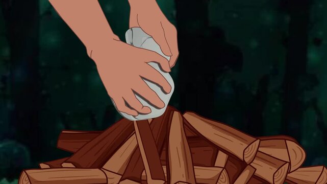 hand with Stone sparking, igniting a spark of dedication and precision as the metal meets the grinding stone. Rubbing stones together to light a fire with kindling