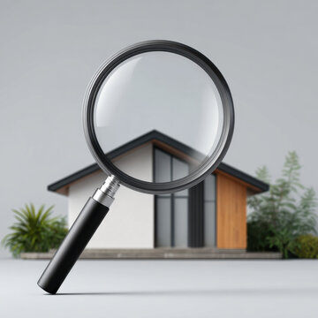 Magnifying glass focusing on modern house inspection concept with minimal exterior, wood paneling, large window and landscaped plants conveying careful evaluation and reassurance