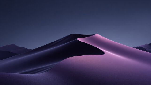 Purple sand dune landscape with smooth gradient lighting and soft shadow, elegant desert curve at dusk creating tranquil mood and minimalist composition