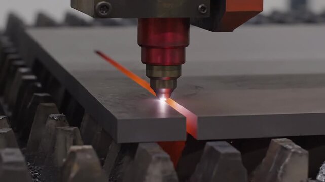 Advanced laser cutter precisely melts metal sheet, creating sparks and molten material in an industrial manufacturing setting.