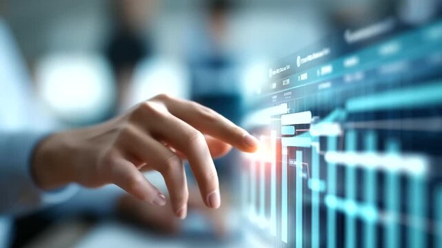 Faceless user interacting with digital project management dashboard defocused Gantt chart background activities timeline visible progress tracking interface task scheduling vis