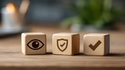 Three wooden cube blocks with eye, shield and checkmark icons representing security and verification on wooden surface evoking trust and protection in business concept