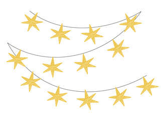 Festive David stars, Jewish light garland, banner background. Hanging golden starry decoration, ornament on string.