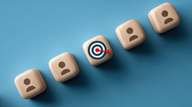Wooden cube with target and person symbols, target icon on wooden block among person blocks, recruitment focus and selection concept showing aim and precision in hiring