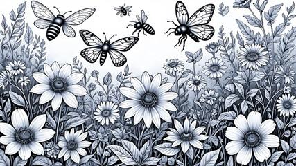 beautiful butterflies on black and white floral background. summer floral background with insects	