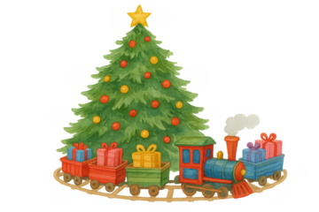 Festive christmas tree with a star topper and colorful ornaments, a toy train delivering wrapped presents around the base