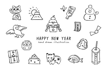 手描きの新年イラストセット　正月アイコン・シンプル線画