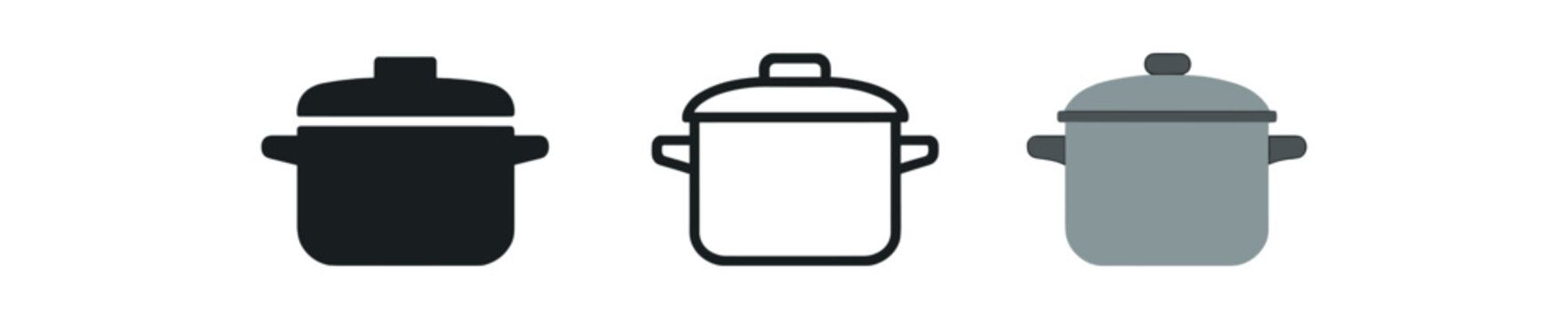 cooking pot icons three lidded saucepan icons one flat solid monochrome one thin black outline black and white one full color flat icon gray with tiny steam