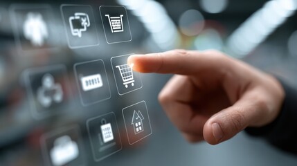 Seamless customer experience concept with touch interaction for personalized support during product discovery and purchase processes featuring digital icons