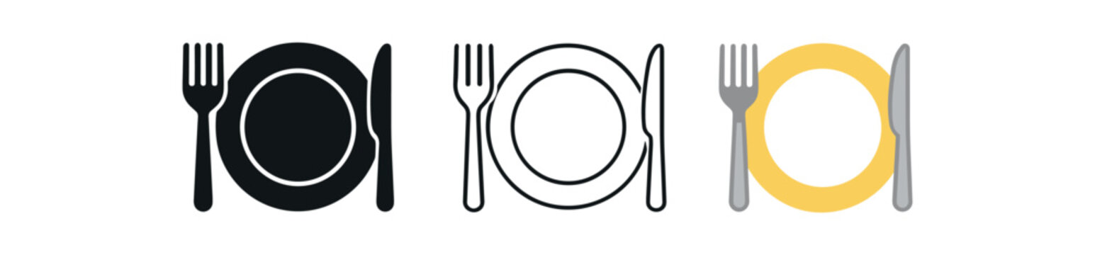 plate and fork icons three plate with fork and knife icons one flat solid monochrome one thin black outline black and white one full color flat icon white with silver cutlery