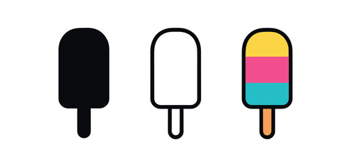 popsicle icons three popsicle silhouettes one flat solid monochrome one thin black outline black and white one full color flat icon bright summer colors