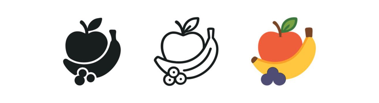 fruit icons three mixed fruit cluster ( banana berry) icons one flat solid monochrome one thin black outline black and white one full color flat icon bright fruit colors