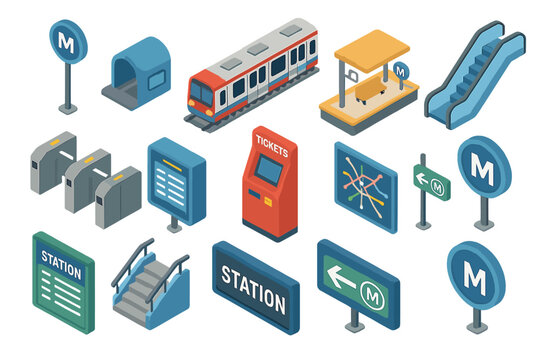 Transportation isometric icon set. featuring metro, tunnel, tram, escalator, turnstile, and ticket machine