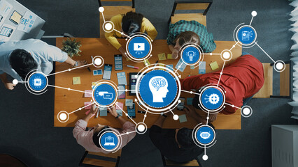 Top view of smart developer team stick idea about Ux Ui design on whiteboard. Smart programmer looking at laptop and present idea while investor listen plan and clap hand. Top view. Convocation. Amity