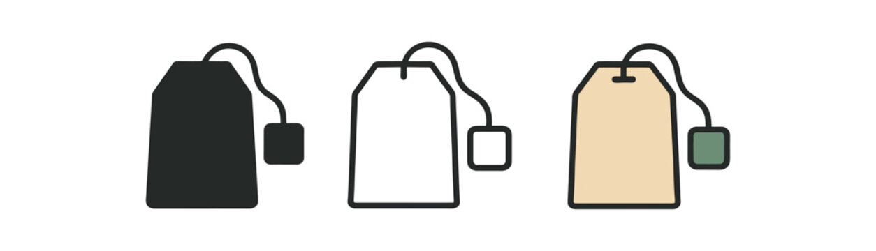 tea bag icons three tea bag with tag icons one flat solid monochrome one thin black outline black and white one full color flat icon beige and green