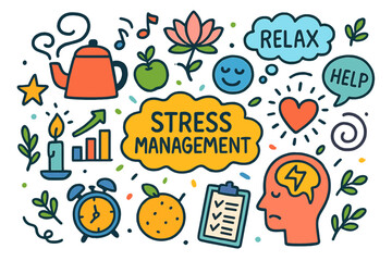 Stress management flat icon set. featuring relax, help, meditation, breathing, exercise, and positivity symbols