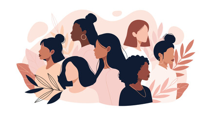 Empowering illustration showcasing a diverse group of women with varying hairstyles and skin tones, surrounded by soft, organic leaf shapes.