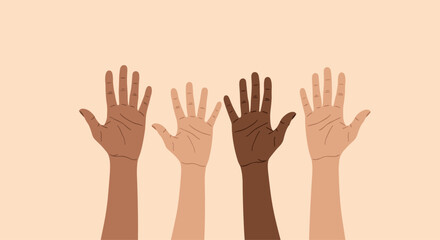 Obraz premium Powerful illustration featuring a row of diverse raised hands in various skin tones, symbolizing unity, support, community, and human connection.