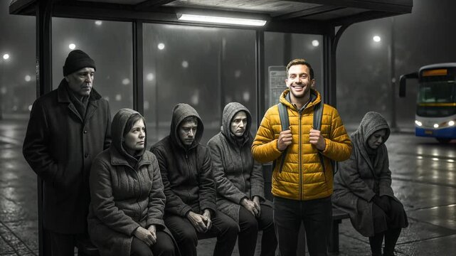 group of surly and unfriendly people waits for bus at bus stop at night while one person in yellow jacket smiles confidently. Contrast of color and emotion highlights individuality.