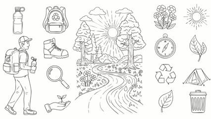 Illustrations of outdoor adventure gear and nature elements for eco-friendly exploration and environmental awareness.