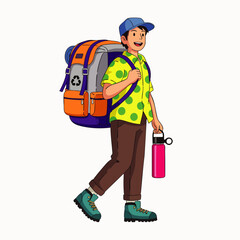 A cheerful young man with a large backpack and water bottle embarks on an outdoor adventure, ready for exploration.