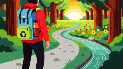 A hiker with a backpack embarks on a scenic journey through a vibrant forest with a winding stream and blooming wildflowers.