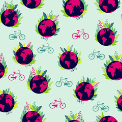 Obraz premium Seamless pattern of vibrant pink globes surrounded by lush green foliage and bicycles, symbolizing eco-friendly transportation and global environmental awareness.