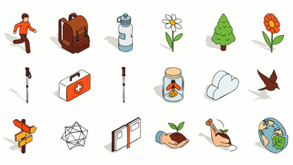 Collection of isometric icons representing outdoor activities, nature, and healthy lifestyle choices.