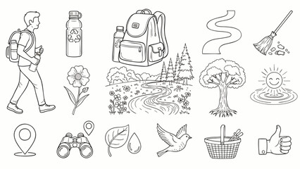 Obraz premium Illustrations depict outdoor activities like hiking and environmental appreciation with symbols for nature and exploration.