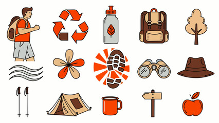 Collection of flat vector icons representing outdoor activities, hiking, and environmental awareness for travel and adventure.