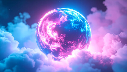 Obraz premium Glowing magical energy sphere, neon blue and pink colors, surrounded by soft fluffy clouds, mystical