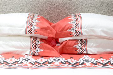 bed linen with ethnic pattern. pillows for home decoration.