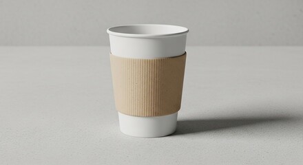 Coffee cup with custom sleeve mockup on minimal neutral backdrop to go branding and café identity