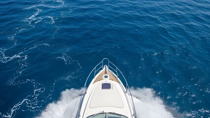 A striking overhead or aerial view of the bow of a white speedboat rapidly moving across the deep blue, clear ocean.