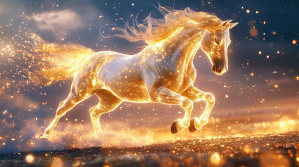A golden horse gallops, leaving a shimmering trail of golden light behind, creating a magical and powerful atmosphere.