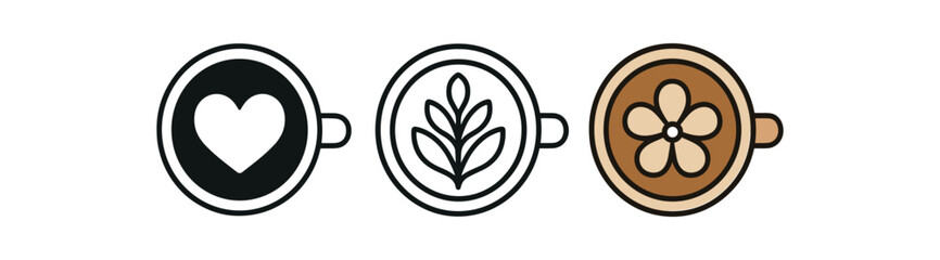Flat vector illustration latte art designs heart leaf and flower soft rounded shapes clean outline one black and white flat version one outline version one color version cozy lifestyle style
