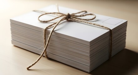 Stack of blank white postcards tied with natural twine stationery bundle rustic mailing concept