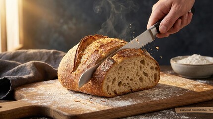 Slicing freshly baked sourdough bread on a wooden cutting board