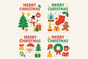 Fototapeta premium Christmas flat icon set. featuring tree, snowman, stocking, gifts, wreath, bell, and candy cane