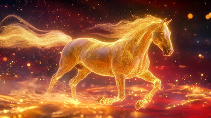 A golden horse gallops, leaving a shimmering trail of golden light behind, creating a magical and powerful atmosphere.