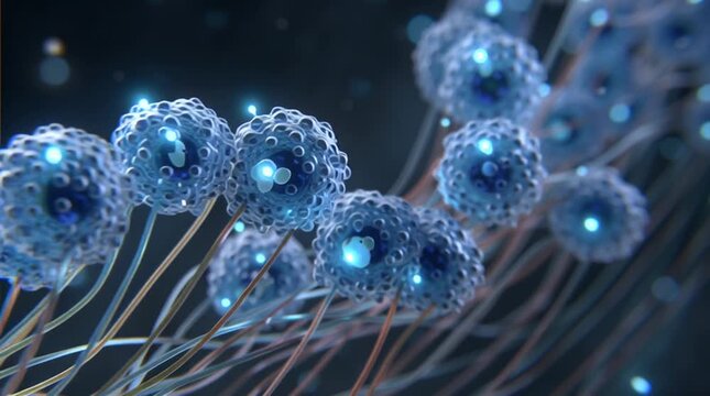 Microscopic 3D visualization of futuristic nanobots traveling through a vein, targeting a cancer cell and delivering a glowing therapeutic payload with precision medicine technology.
