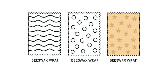 Flat vector illustration beeswax wraps with simple patterns soft rounded shapes clean outline one black and white flat version one outline version one color version cozy eco lifestyle style