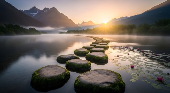 Path of stepping stones across calm river leading toward bright mountains symbolizing guidance courage and personal growth