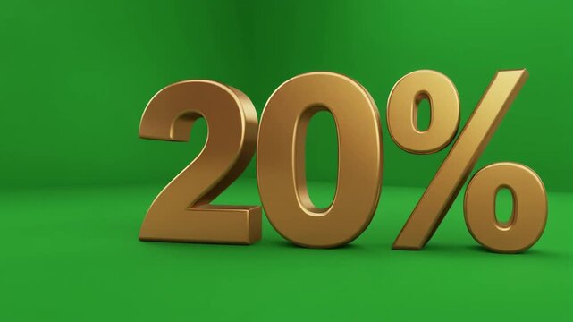 Sign of Twenty (20) Percent made of Realistic Gold rotates on a Green Screen. 