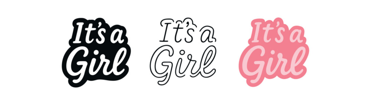 lettering icons three text only designs with phrase it girl one flat solid monochrome one thin black outline black and white one full color flat icon